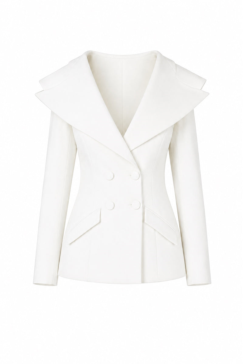 Lili Blanc crepe blazer in a tailored fit, featuring a classic lapel and button closure, styled with long sleeves and a sleek design.