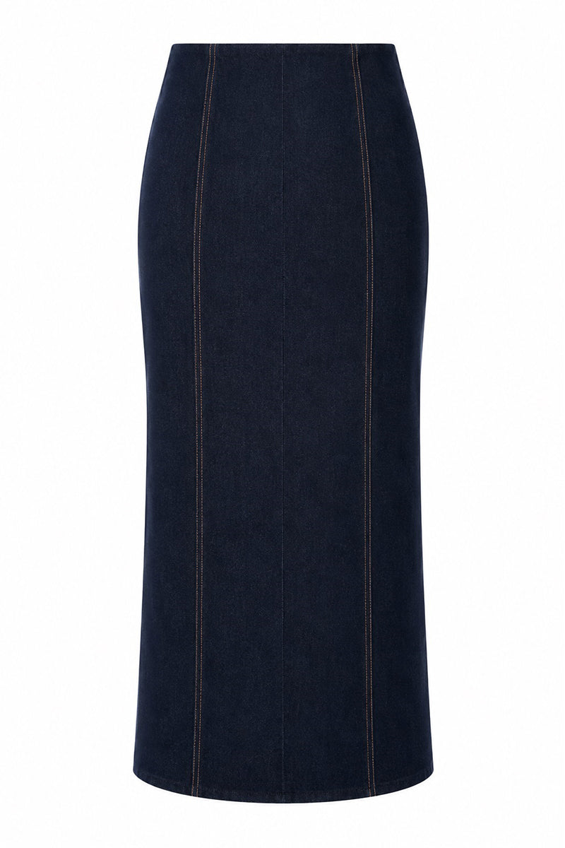Lili Blanc LINEA denim midi skirt with a high waist and classic blue wash, shown on a neutral background.