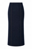 Lili Blanc LINEA denim midi skirt with a high waist and classic blue wash, shown on a neutral background.