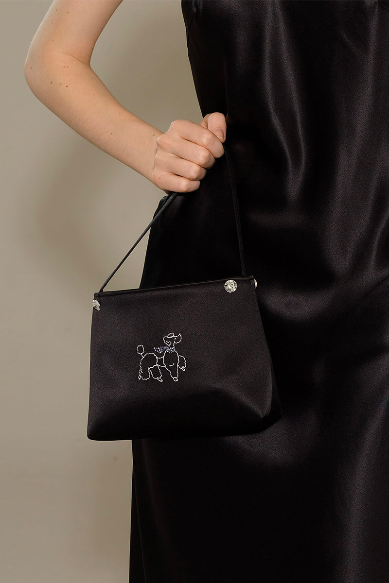 DIAMOND POODLES SILK HANDBAG IN BLACK - CULT MIA