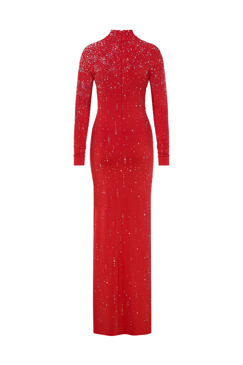 JERSEY MAXI DRESS WITH CRYSTAL ACCESSORIES AND RHINESTONES - CULT MIA