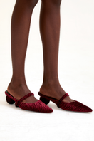 Christin Wu Salma Maroon Velour Mules heels, stylish slip-on footwear with a soft velour finish and elegant design.