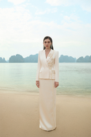 White pearl taffeta co-ord set by Lune De Soie, featuring a stylish top and matching pants with elegant pearl accents.