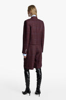 Acaria Studio GURU crop blazer in burgundy silk blend with blue check pattern, tailored fit, stylish and sophisticated.