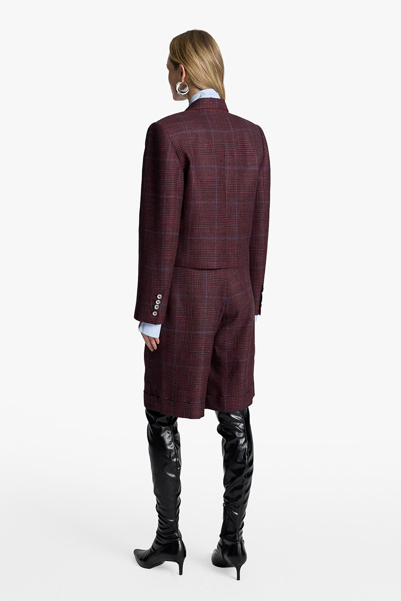 Acaria Studio GURU crop blazer in burgundy silk blend with blue check pattern, tailored fit, stylish and sophisticated.
