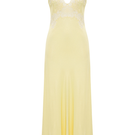 Caroline long rayon nightgown by Bocan Couture featuring butter yellow lace, flowing fabric, and elegant design for comfortable sleepwear.