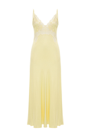 Caroline long rayon nightgown by Bocan Couture featuring butter yellow lace, flowing fabric, and elegant design for comfortable sleepwear.