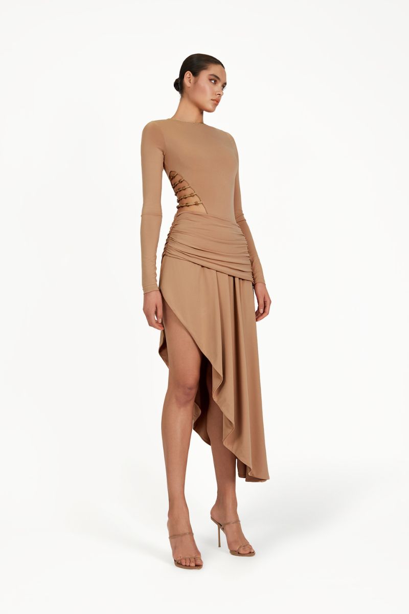 Khanum's Kasmina tan mini dress featuring a stylish, fitted silhouette and short sleeves, perfect for casual or semi-formal wear.