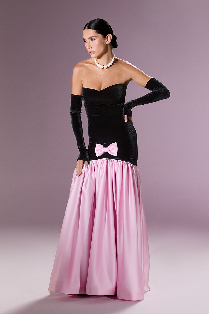 Nur Karaata Marcelline gown featuring elegant fabric and intricate design, showcased on a model.