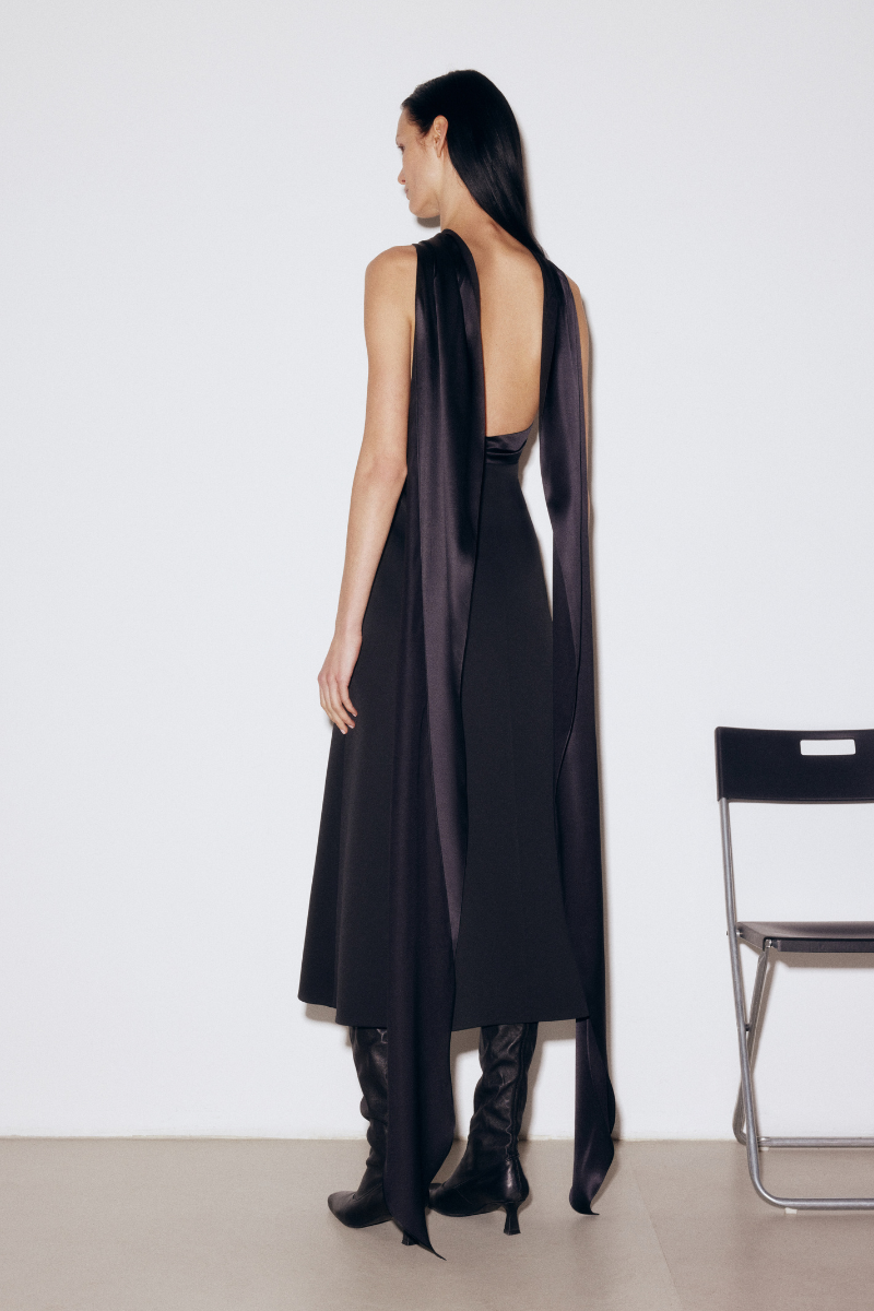 BLACK SILK AND WOOL MIDI DRESS - CULT MIA