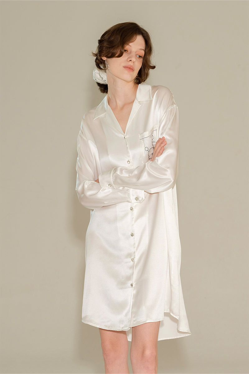 DIAMOND POODLES WHITE SILK SHIRT DRESS - CULT MIA