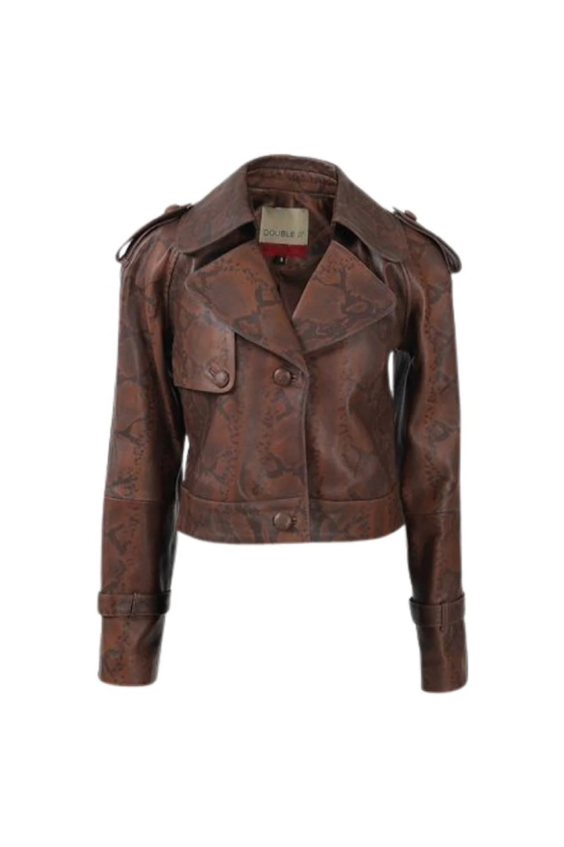 Double A Audax leather snake print jacket showing a stylish black leather jacket with snake pattern details