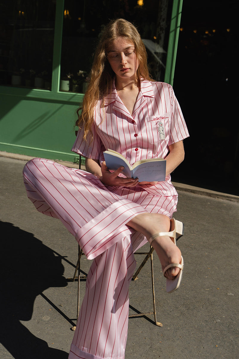 MUSEUM OF CRUSH SHORT-SLEEVE LONG-PANTS PAJAMA SET IN PINK STRIPE - CULT MIA