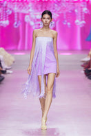 Valenciani lilac all-over fringe midi dress with flowing fabric and layered fringe detailing, perfect for stylish occasions.