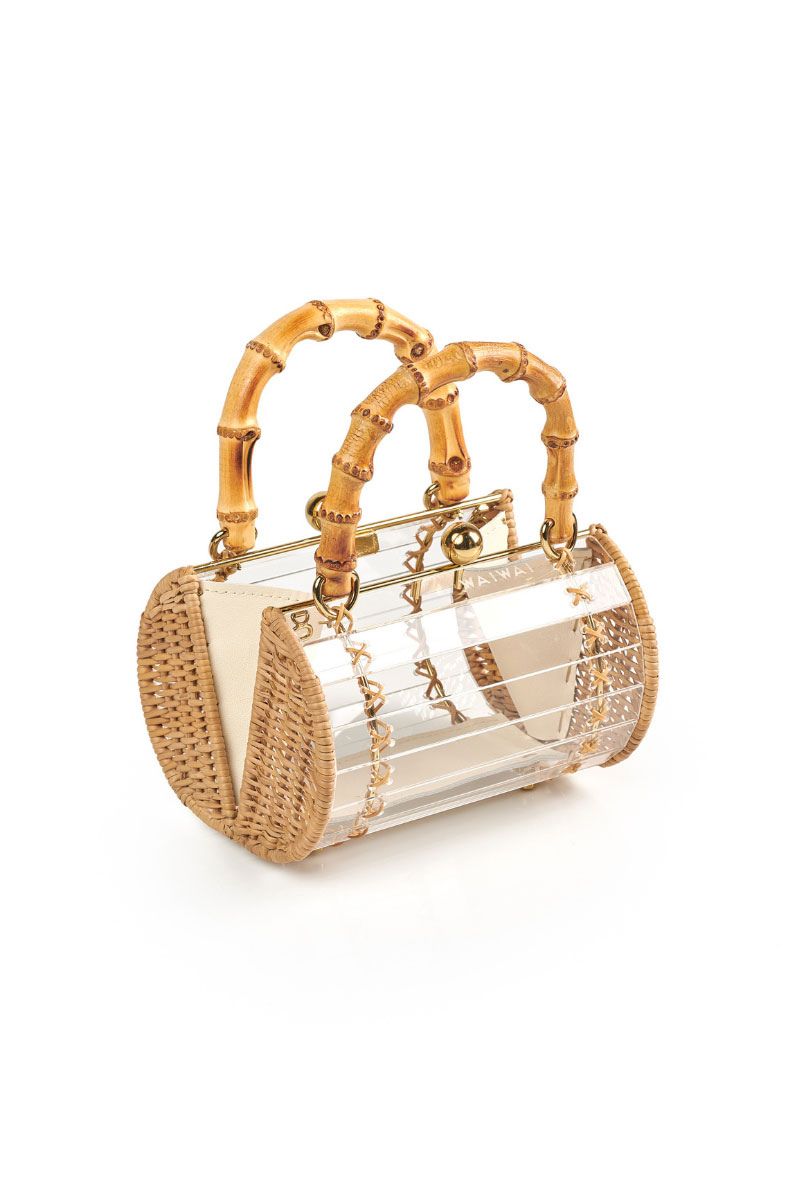 Waiwai Rio Alix Bambu Bag in Crystal, a stylish top handle bag with clear crystal accents and bamboo details.