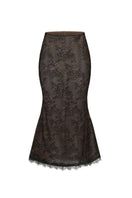 Black Nana Jacqueline Evelina midi skirt shown on a model, featuring a sleek, fitted design and elegant length.