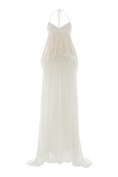 White Halcyon maxi dress by POEM, flowing fabric, sleeveless design, elegant for summer or special occasions.