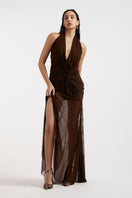 Deme by Gabriella TESS draped brown maxi dress with flowing fabric and elegant design, perfect for formal or casual occasions.