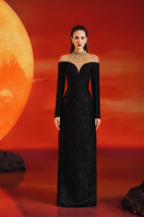 Lune De Soie high neck fishnet shoulder gown showing a fitted gown with intricate fishnet detailing and high neckline.