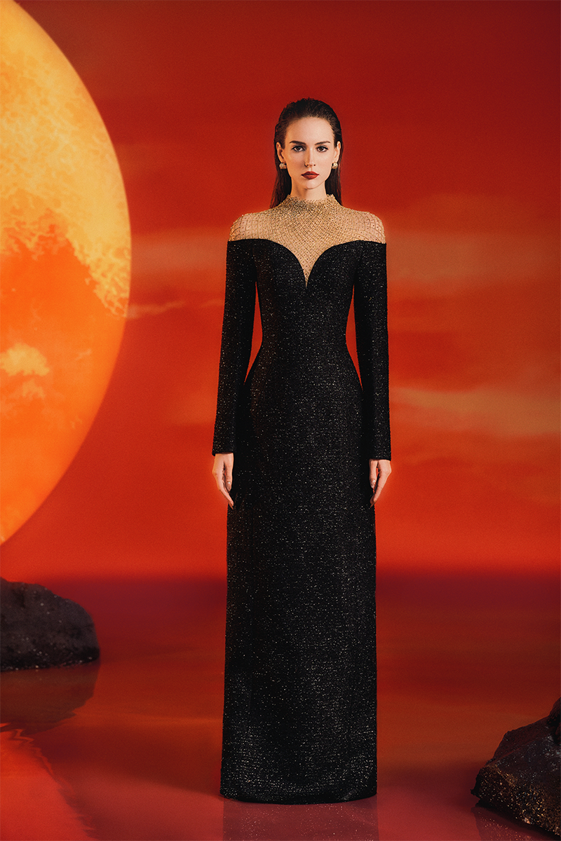 Lune De Soie high neck fishnet shoulder gown showing a fitted gown with intricate fishnet detailing and high neckline.