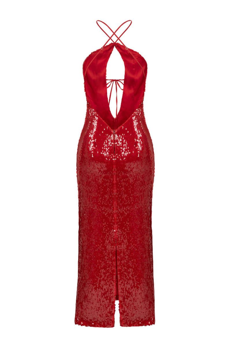 RED SEQUIN CUT-OUT MIDI DRESS | CULT MIA