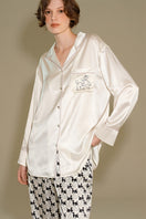 Contrast silk pajama set from Not Just Pajama featuring diamond poodles pattern, soft loungewear for comfortable relaxation.