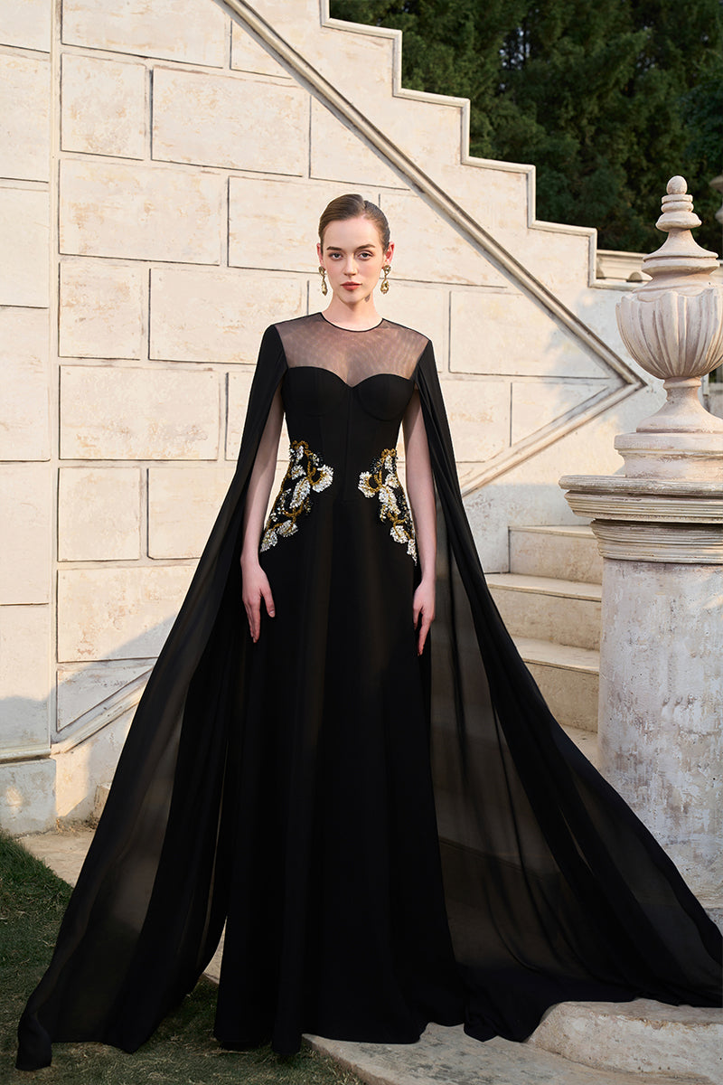 VELVET SATIN CAPE SLEEVE GOWN IN BLACK