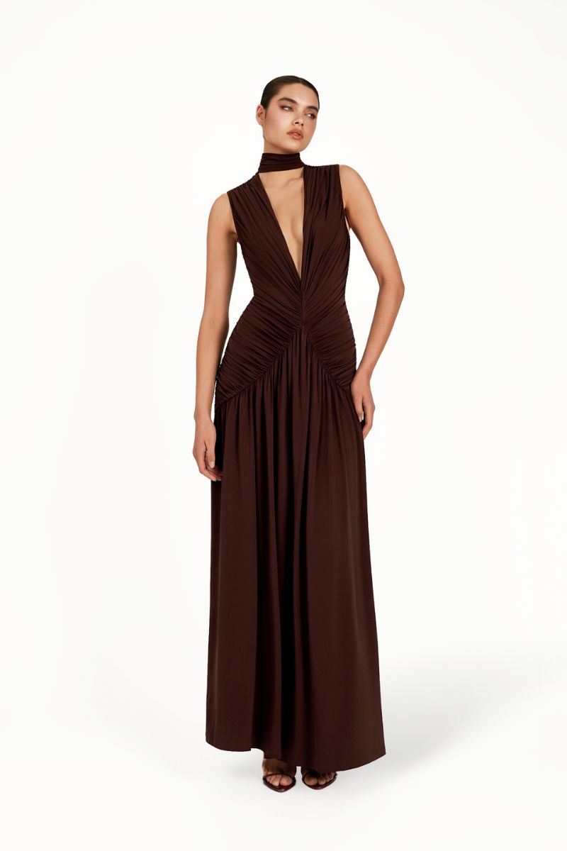 KUBAYMA brown maxi dress by Khanum's featuring a flowing fabric and elegant design perfect for special occasions.