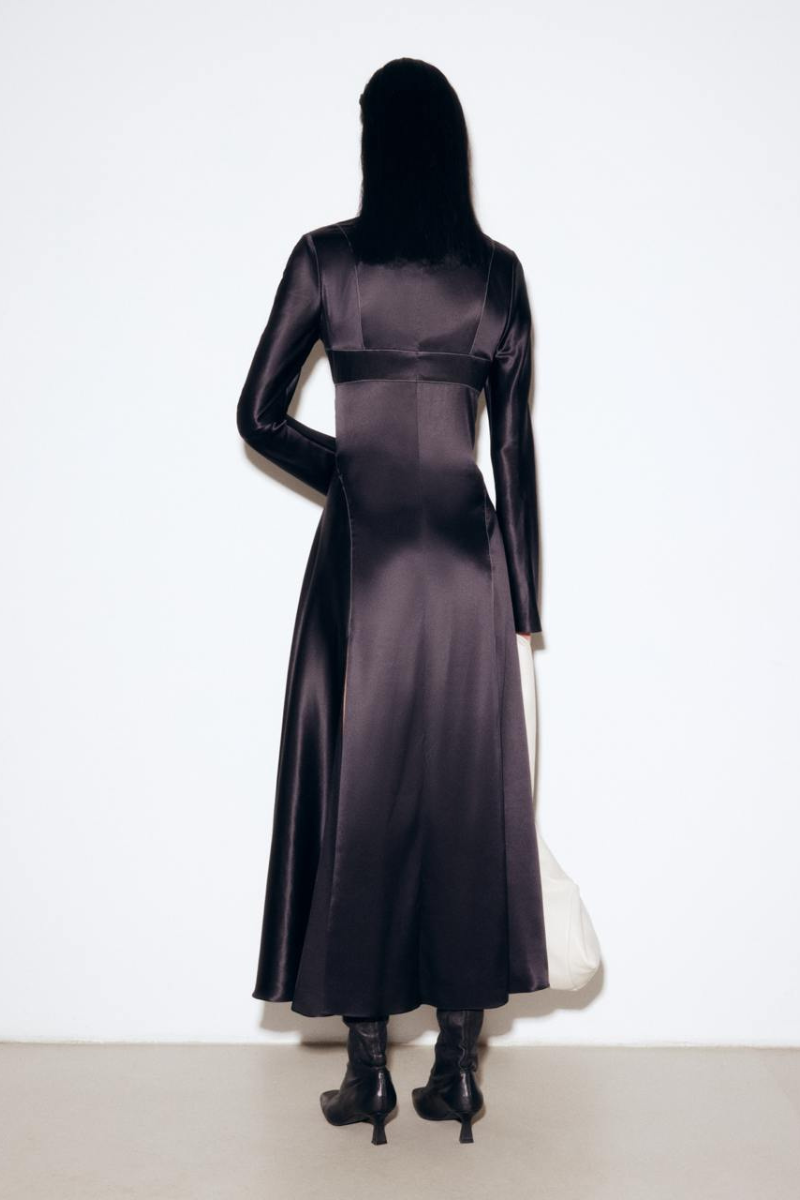 BLACK SILK MIDI DRESS WITH WHITE STITCH DETAIL - CULT MIA