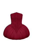 BALYKINA Clara burgundy mini dress with fitted silhouette and short sleeves, displayed on a hanger against a plain background.