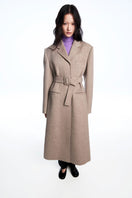 Chictopia belted long line coat in neutral fabric, featuring a tailored fit and stylish belt detail for a chic winter look.