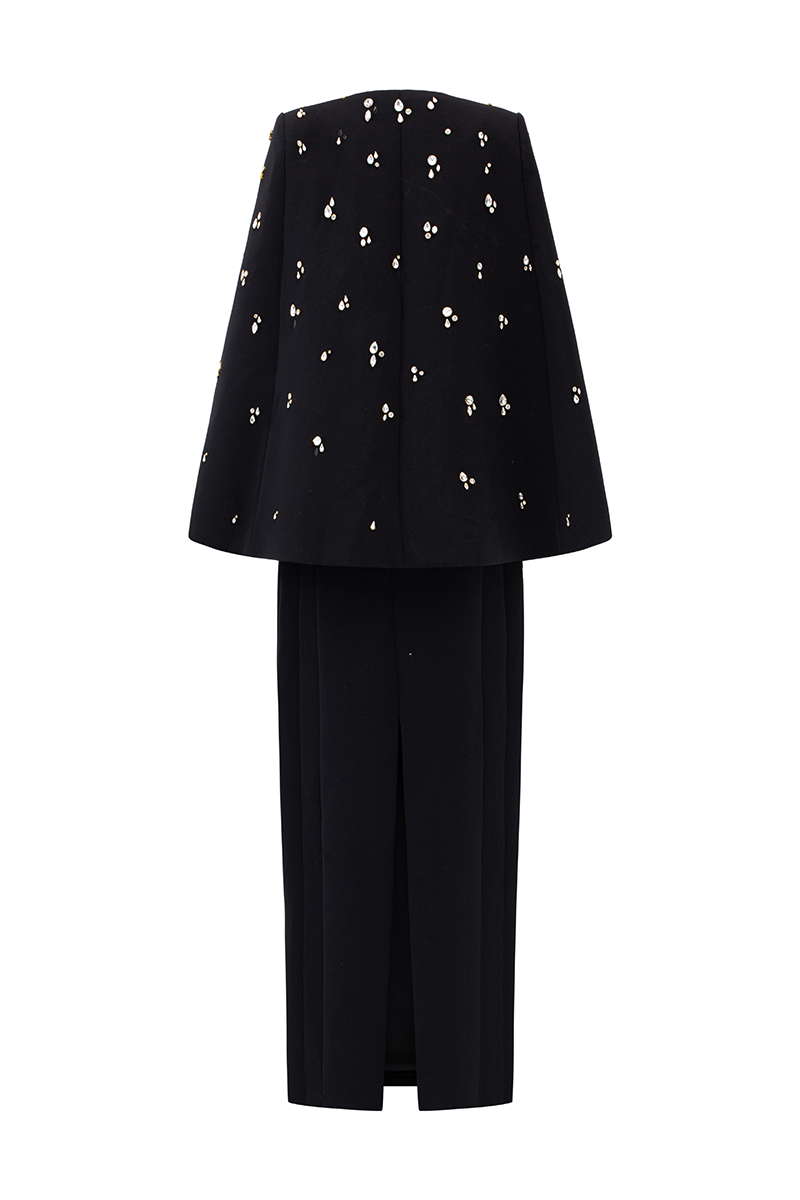 BLACK STRAIGHT ACROSS WITH CRYSTAL EMBELLISHMENTS GOWN - CULT MIA
