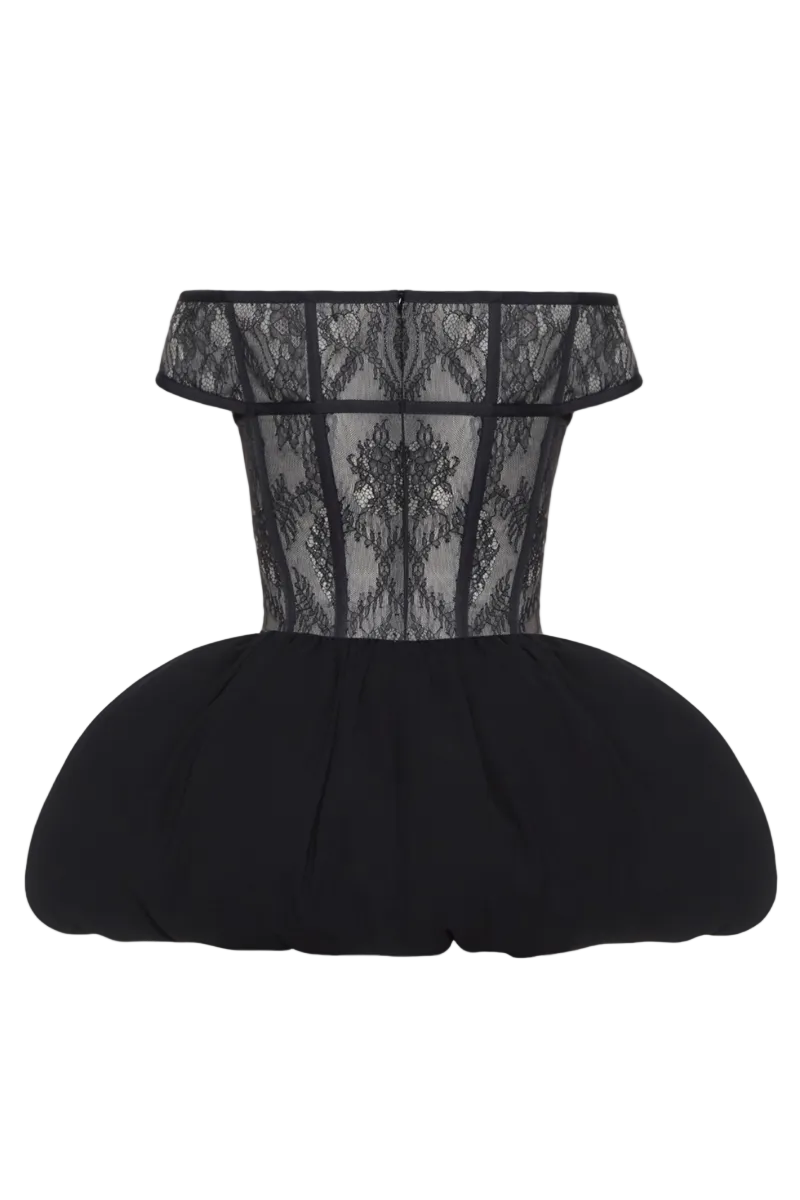Black THEA mini dress by BALYKINA displayed on a hanger with a fitted silhouette and stylish design.