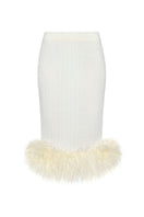 Cream ribbed feather knit midi skirt by Lalo, shown in a close-up image highlighting its textured knit fabric.