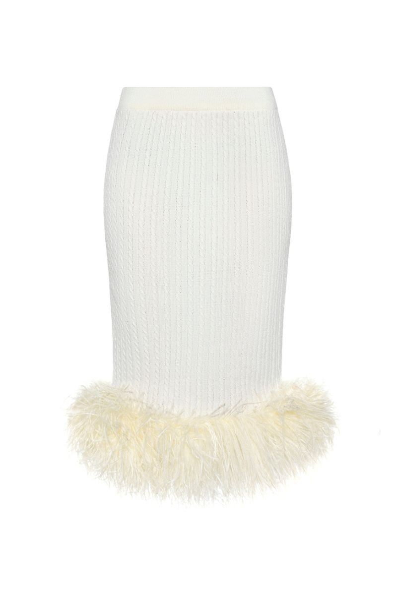 Cream ribbed feather knit midi skirt by Lalo, shown in a close-up image highlighting its textured knit fabric.