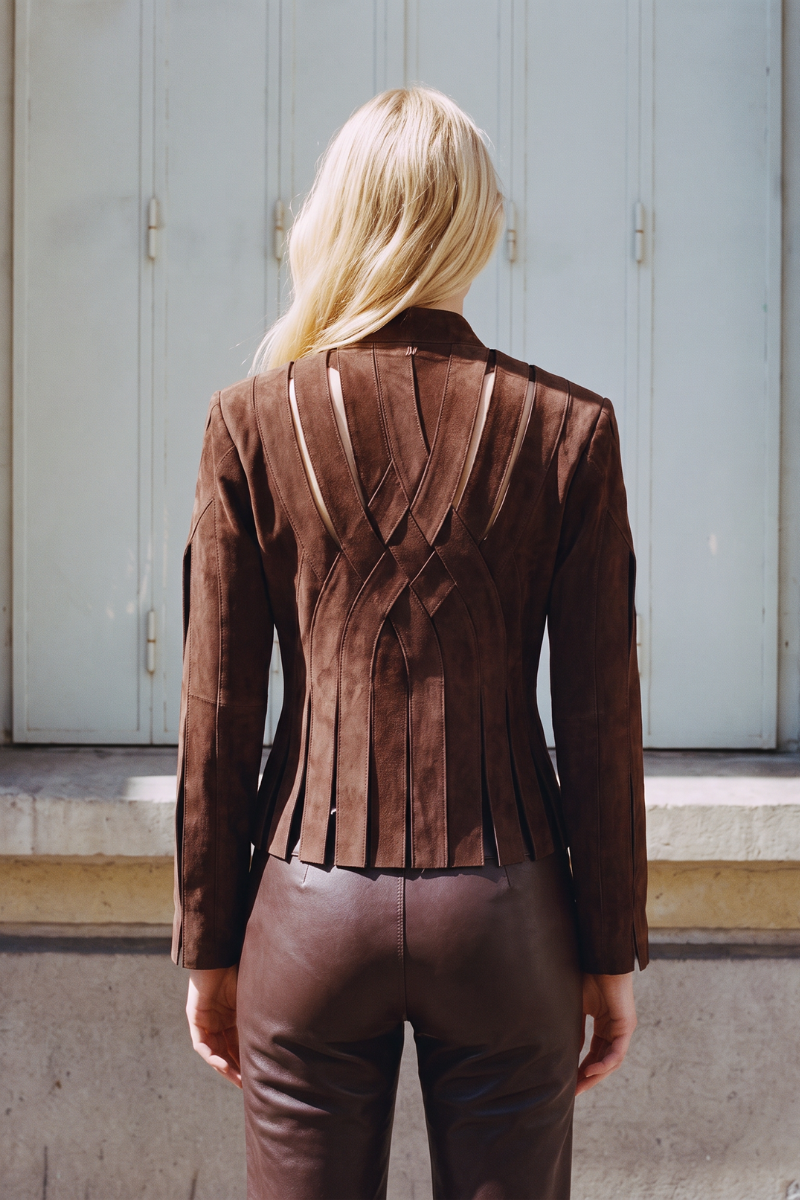 Double A CULT MIA X Brianna suede brown jacket displayed flat, showcasing its stylish design and soft suede texture.