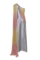 Elegant draped chiffon sequin gown by AKHL featuring shimmering sequins and flowing fabric for formal occasions.