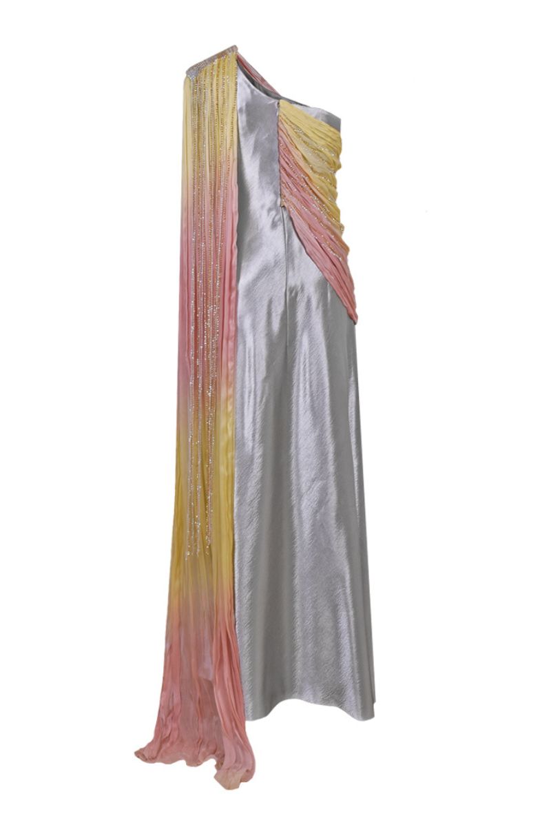 Elegant draped chiffon sequin gown by AKHL featuring shimmering sequins and flowing fabric for formal occasions.