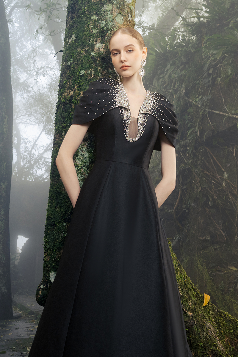 GATHERED CAPE SHOULDER A-LINE DRESS - CULT MIA