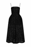 Black FIORA lace gown by 21Six featuring intricate lace details and a flowing silhouette.