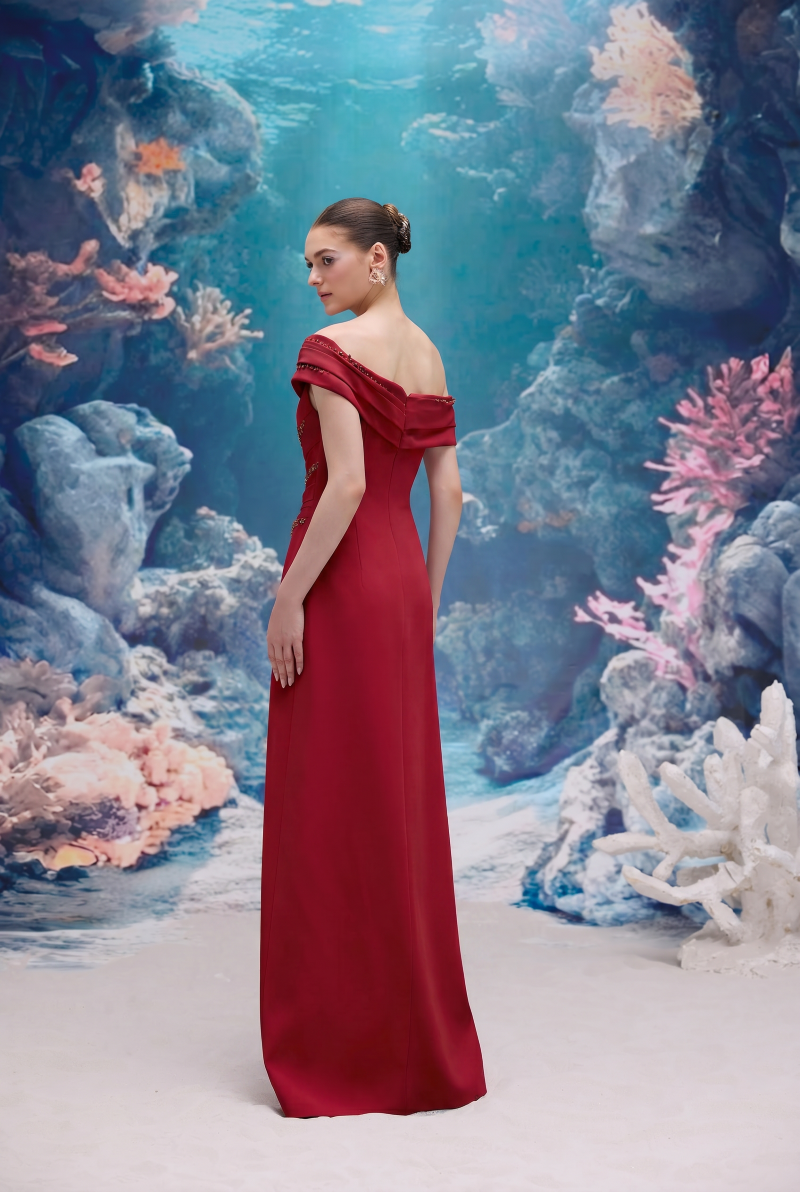 Red Nadine crepe gown by 21Six, featuring a flowing design with elegant fabric and stylish silhouette.
