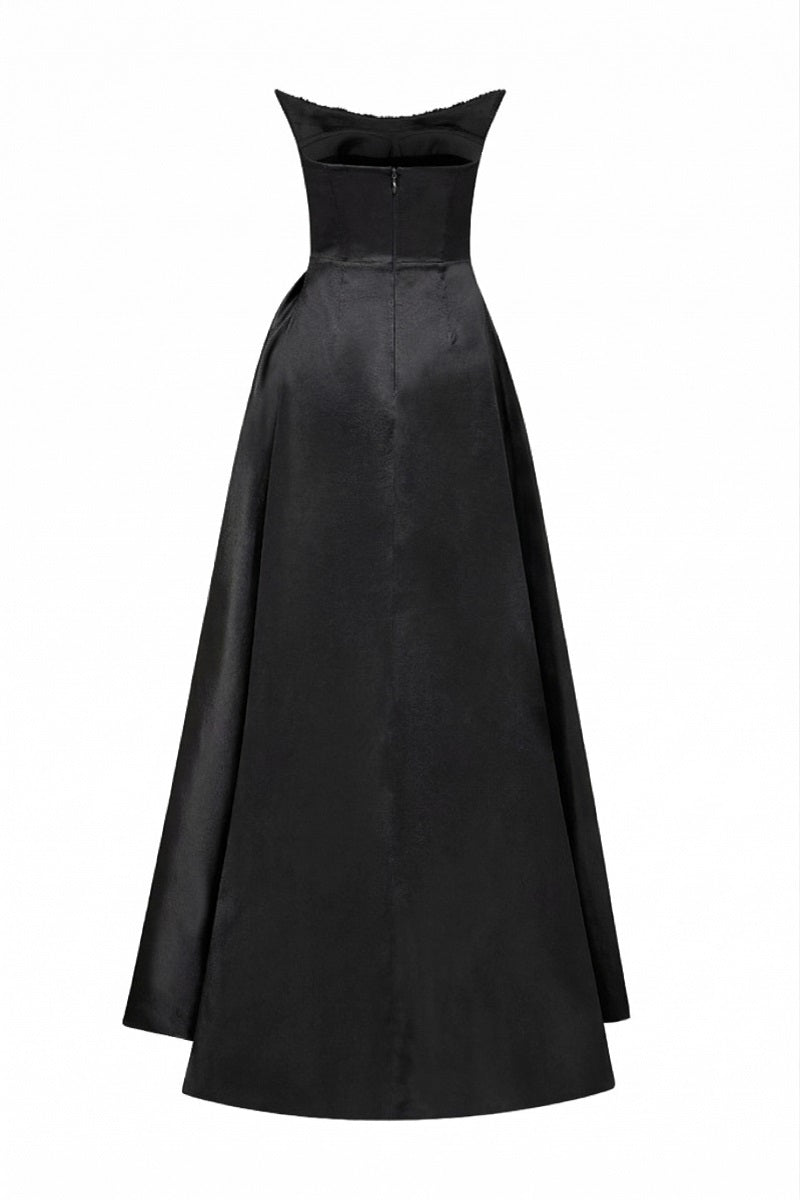 Black Thalassa Taffeta gown by 21Six featuring a sleek, elegant design with flowing fabric and a fitted bodice.