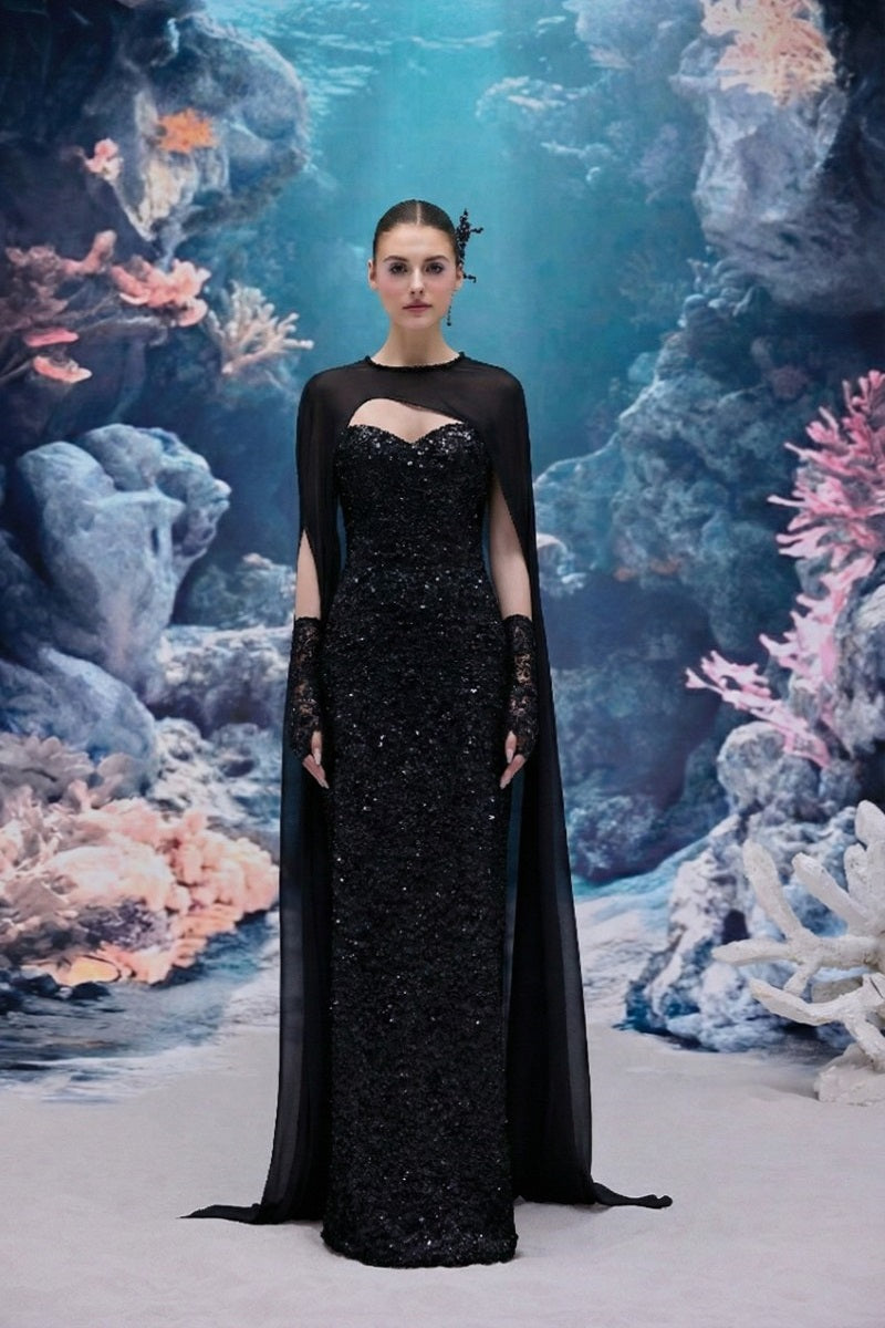 Black Annelise sequin lace gown by 21Six, featuring intricate lace and shimmering sequins, elegant evening dress for formal occasions.