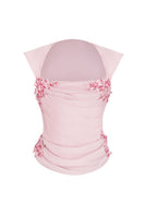 Stolen Stores Belle draped lace corset in dusty pink, featuring delicate lace details and a fitted top style.