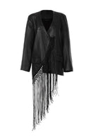 Leather macramé blazer by MAZ Manuela Álvarez featuring intricate macramé details and a tailored fit, displayed on a hanger.