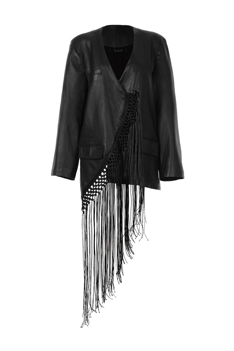 Leather macramé blazer by MAZ Manuela Álvarez featuring intricate macramé details and a tailored fit, displayed on a hanger.