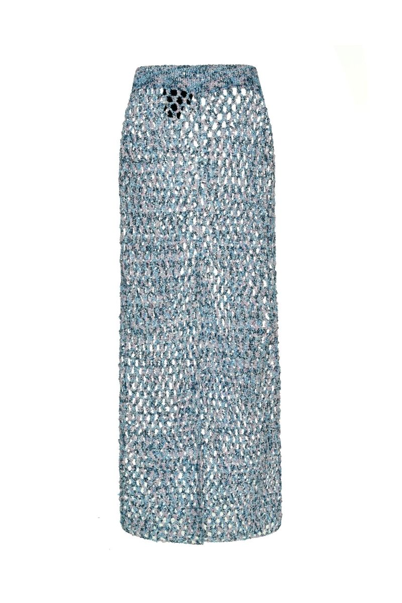 Lalo Sirena Maxi Skirt in blue, flowing fabric, high waist design, and full-length style perfect for casual or dressy wear.