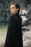 Black pearl taffeta co-ords set by Lune De Soie, featuring a stylish top and matching pants with elegant pearl details.