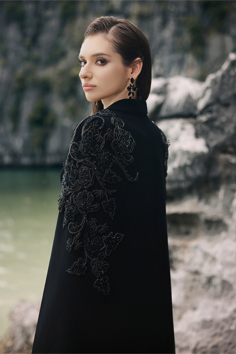 Black pearl taffeta co-ords set by Lune De Soie, featuring a stylish top and matching pants with elegant pearl details.