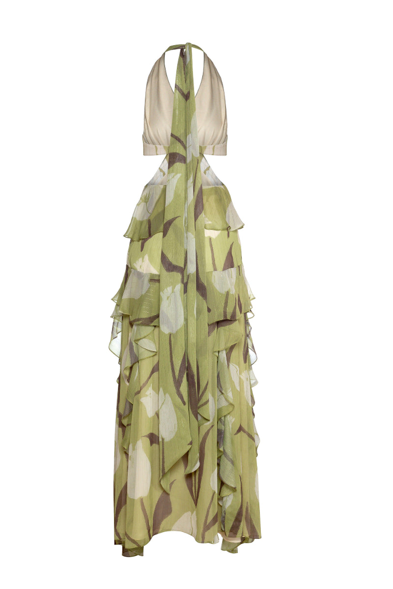 Estefania secret garden green maxi dress with floral patterns, flowing fabric, and elegant design for summer wear.
